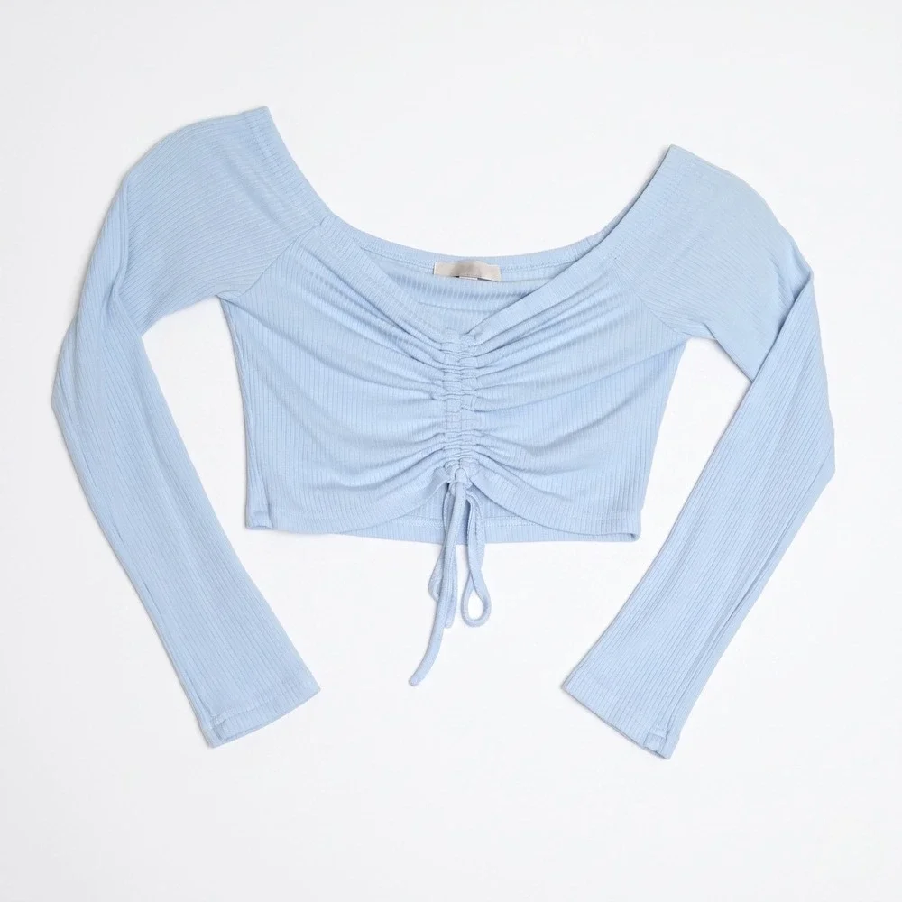 Anthropologie‎ Mable Womens S Light Blue Ribbed Ruched Off Shoulder Crop Top